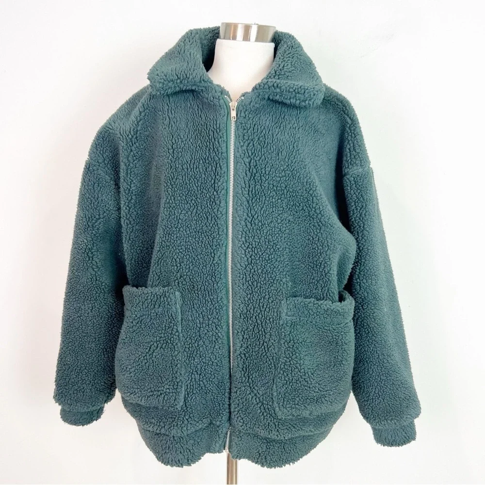 GRADE & GATHER GREEN FLEECE FULL ZIP TEDDY OVERSIZED SHERPA JACKET WOMENS SMALL - Picture 2 of 5